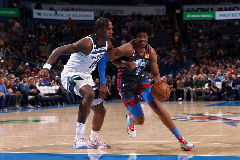 OKLAHOMA CITY, OK - DECEMBER 16: Jalen Williams #8 of the Oklahoma City Thunder dribbles the ball during the game against the Minnesota Timberwolves on December 16, 2022 at Paycom Arena in Oklahoma City, Oklahoma. NOTE TO USER: User expressly acknowledges and agrees that, by downloading and or using this photograph, User is consenting to the terms and conditions of the Getty Images License Agreement. Mandatory Copyright Notice: Copyright 2022 NBAE (Photo by Zach Beeker/NBAE via Getty Images)