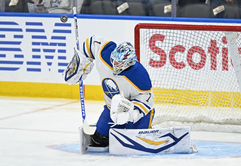 Oct 25, 2025; Toronto, Ontario, CAN; Buffalo Sabres goalie Ukko Pekka Luukkonen (1) in warmups against the Toronto Maple Leafs at Scotiabank Arena. Mandatory Credit: Gerry Angus-Imagn Images