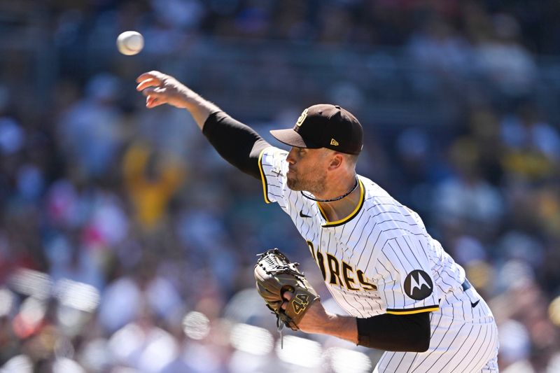 Apr 30, 2025; San Diego, California, USA; San Diego Padres relief pitcher Jason Adam (40) delivers during the eighth inning against the San Francisco Giants at Petco Park. Mandatory Credit: Denis Poroy-Imagn Images