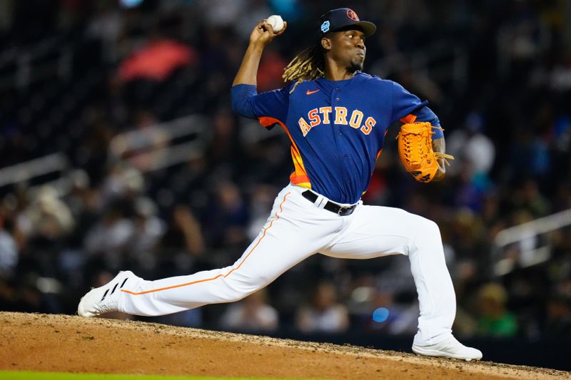 Mar 18, 2023; West Palm Beach, Florida, USA; Houston Astros relief pitcher Rafael Montero (47) throws a pitch against the New York Mets during the seventh inning at The Ballpark of the Palm Beaches. Mandatory Credit: Rich Storry-USA TODAY Sports