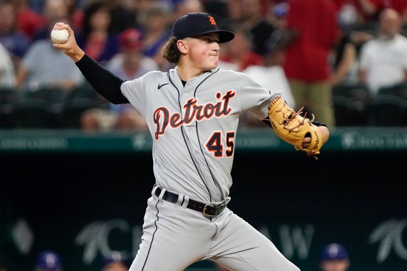 Jun 29, 2023; Arlington, Texas, USA; Detroit Tigers starting pitcher Reese Olson (45) throws to the plate during the second inning against the Texas Rangers at Globe Life Field. Mandatory Credit: Raymond Carlin III-USA TODAY Sports