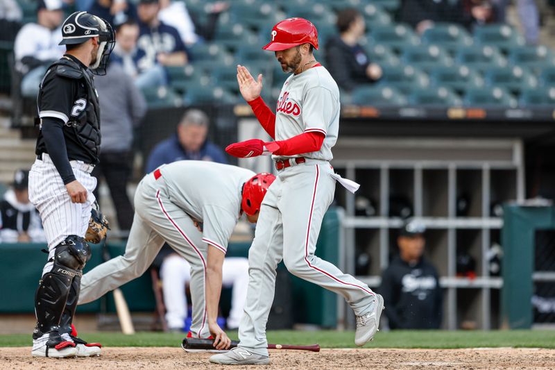 Apr 18, 2023; Chicago, Illinois, USA; Philadelphia Phillies left fielder Jake Cave (44) scores against the Chicago White Sox during the seventh inning of game one of the doubleheader at Guaranteed Rate Field. Mandatory Credit: Kamil Krzaczynski-USA TODAY Sports