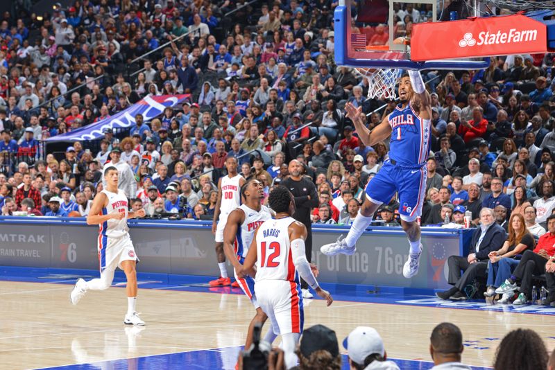 PHILADELPHIA, PA - OCTOBER 30: KJ Martin #1 of the Philadelphia 76ers dunks the ball during the game against the Detroit Pistons on October 30, 2024 at the Wells Fargo Center in Philadelphia, Pennsylvania NOTE TO USER: User expressly acknowledges and agrees that, by downloading and/or using this Photograph, user is consenting to the terms and conditions of the Getty Images License Agreement. Mandatory Copyright Notice: Copyright 2024 NBAE (Photo by Jesse D. Garrabrant/NBAE via Getty Images)