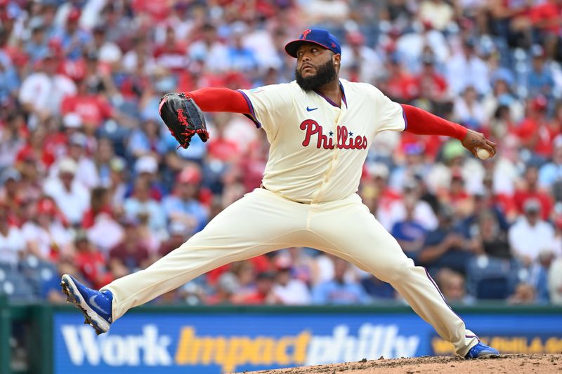 Aug 24, 2025; Philadelphia, Pennsylvania, USA; Philadelphia Phillies pitcher José Alvarado (46) throws a pitch during the eighth inning against the Washington Nationals at Citizens Bank Park. Mandatory Credit: Eric Hartline-Imagn Images