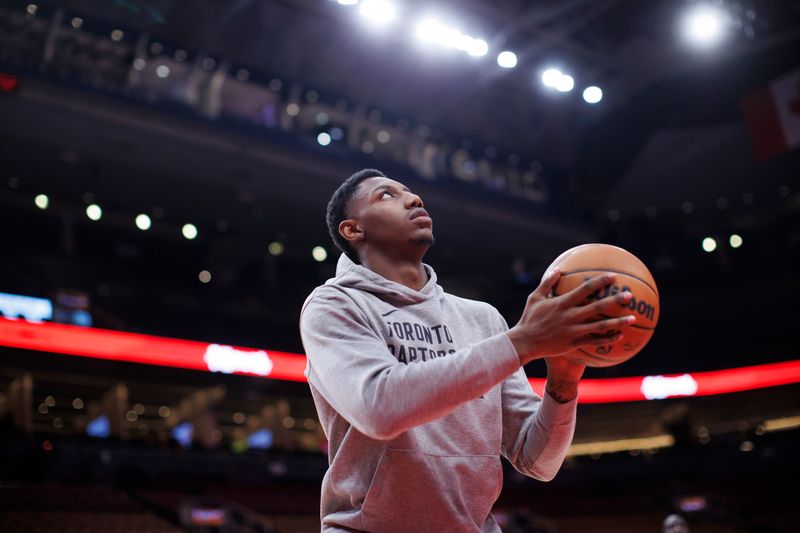 TORONTO, CANADA - APRIL 9: RJ Barrett #9 of the Toronto Raptors warms up ahead of their NBA game against the Indiana Pacers at Scotiabank Arena on April 9, 2024 in Toronto, Canada. NOTE TO USER: User expressly acknowledges and agrees that, by downloading and or using this photograph, User is consenting to the terms and conditions of the Getty Images License Agreement. (Photo by Cole Burston/Getty Images)