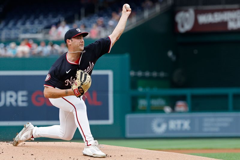Jul 24, 2024; Washington, District of Columbia, USA; Washington Nationals starting pitcher Mitchell Parker (70) pitches against the San Diego Padres during the first inning at Nationals Park. Mandatory Credit: Geoff Burke-USA TODAY Sports