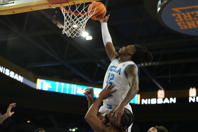 Nov 30, 2023; Los Angeles, California, USA; UCLA Bruins guard Sebastian Mack (12) shoots the ball against the UC Riverside Highlanders in the second half at Pauley Pavilion presented by Wescom. Mandatory Credit: Kirby Lee-USA TODAY Sports