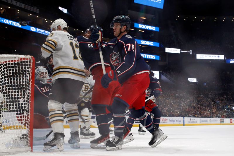 Jan 2, 2024; Columbus, Ohio, USA; Columbus Blue Jackets goalie Spencer Martin (30) tracks the rebound of  a save during the second period against the Boston Bruins at Nationwide Arena. Mandatory Credit: Russell LaBounty-USA TODAY Sports