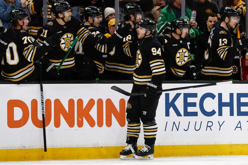 Jan 22, 2024; Boston, Massachusetts, USA; Boston Bruins center Jakub Lauko (94) is congratulated at the bench after scoring against the Winnipeg Jets during the first period at TD Garden. Mandatory Credit: Winslow Townson-USA TODAY Sports