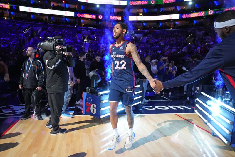 PHILADELPHIA, PA - APRIL 9: Cameron Payne #22 of the Philadelphia 76ers is introduced before the game against the Detroit Pistons on April 9, 2024 at the Wells Fargo Center in Philadelphia, Pennsylvania NOTE TO USER: User expressly acknowledges and agrees that, by downloading and/or using this Photograph, user is consenting to the terms and conditions of the Getty Images License Agreement. Mandatory Copyright Notice: Copyright 2024 NBAE (Photo by Jesse D. Garrabrant/NBAE via Getty Images)