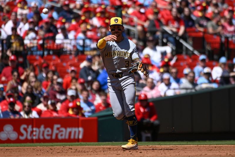 Apr 21, 2024; St. Louis, Missouri, USA; Milwaukee Brewers third baseman Joey Ortiz (3) throws to first for an out against the Milwaukee Brewers in the third inning at Busch Stadium. Mandatory Credit: Joe Puetz-USA TODAY Sports