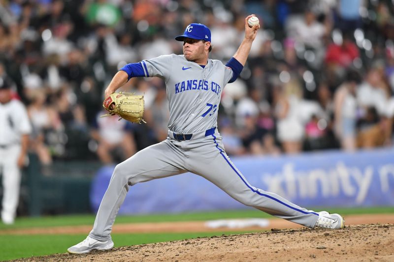 Jul 30, 2024; Chicago, Illinois, USA; Kansas City Royals relief pitcher Sam Long (73) pitches during the ninth inning against the Chicago White Sox at Guaranteed Rate Field. Mandatory Credit: Patrick Gorski-USA TODAY Sports