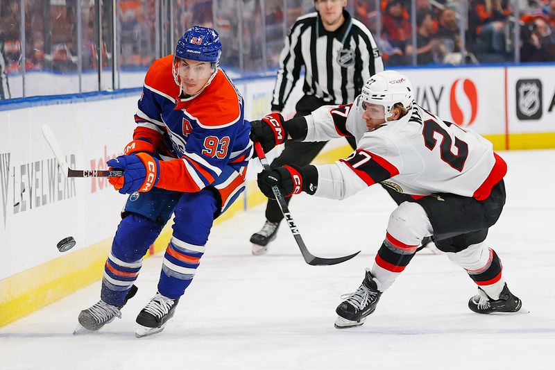 Jan 6, 2024; Edmonton, Alberta, CAN; Edmonton Oilers forward Ryan Nugent-Hopkins (93) chips the puck past Ottawa Senators forward Parker Kelly (27) during the third period at Rogers Place. Mandatory Credit: Perry Nelson-USA TODAY Sports