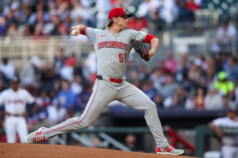 May 5, 2025; Atlanta, Georgia, USA; Cincinnati Reds starting pitcher Brady Singer (51) throws against the Atlanta Braves in the second inning at Truist Park. Mandatory Credit: Brett Davis-Imagn Images