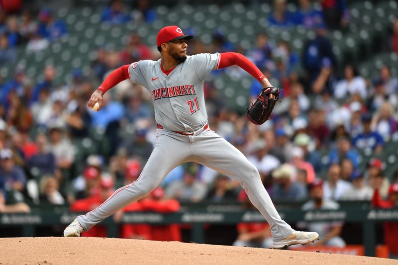 Sep 29, 2024; Chicago, Illinois, USA; Cincinnati Reds pitcher Hunter Greene (21) pitches during the first inning against the Chicago Cubs at Wrigley Field. Mandatory Credit: Patrick Gorski-Imagn Images