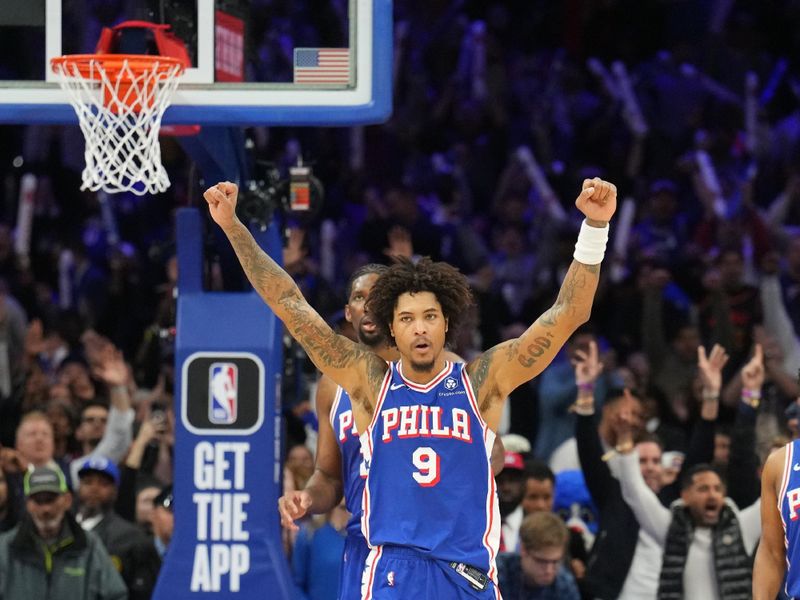 PHILADELPHIA, PA - APRIL 2: Kelly Oubre Jr. #9 of the Philadelphia 76ers celebrates during the game against the Oklahoma City Thunder on April 2, 2024 at the Wells Fargo Center in Philadelphia, Pennsylvania NOTE TO USER: User expressly acknowledges and agrees that, by downloading and/or using this Photograph, user is consenting to the terms and conditions of the Getty Images License Agreement. Mandatory Copyright Notice: Copyright 2024 NBAE (Photo by Jesse D. Garrabrant/NBAE via Getty Images)