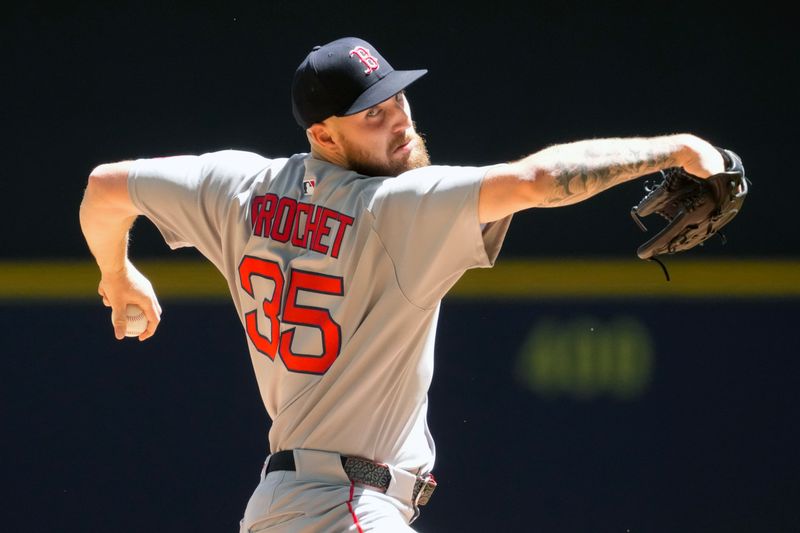 May 26, 2025; Milwaukee, Wisconsin, USA;  Boston Red Sox pitcher Garrett Crochet (35) throws a pitch during the first inning against the Milwaukee Brewers at American Family Field. Mandatory Credit: Jeff Hanisch-Imagn Images
