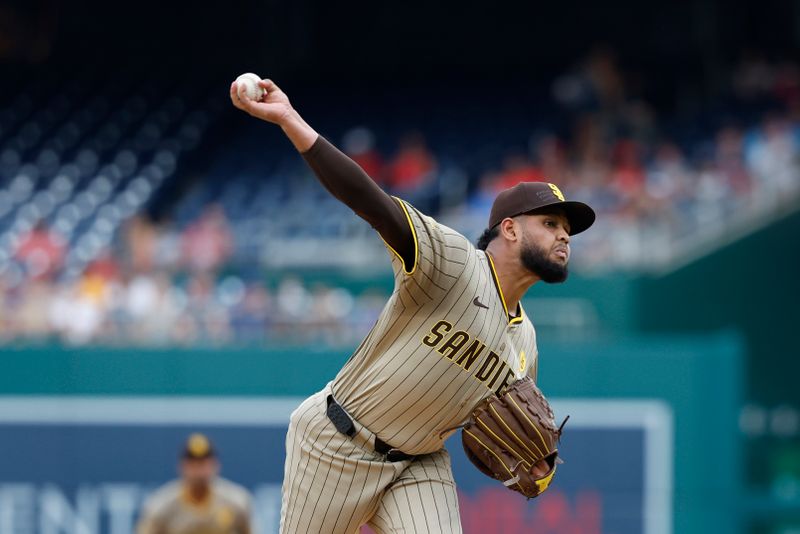 Jul 23, 2024; Washington, District of Columbia, USA; San Diego Padres starting pitcher Randy Vasquez (98) pitches against the Washington Nationals during the first inning at Nationals Park. Mandatory Credit: Geoff Burke-USA TODAY Sports