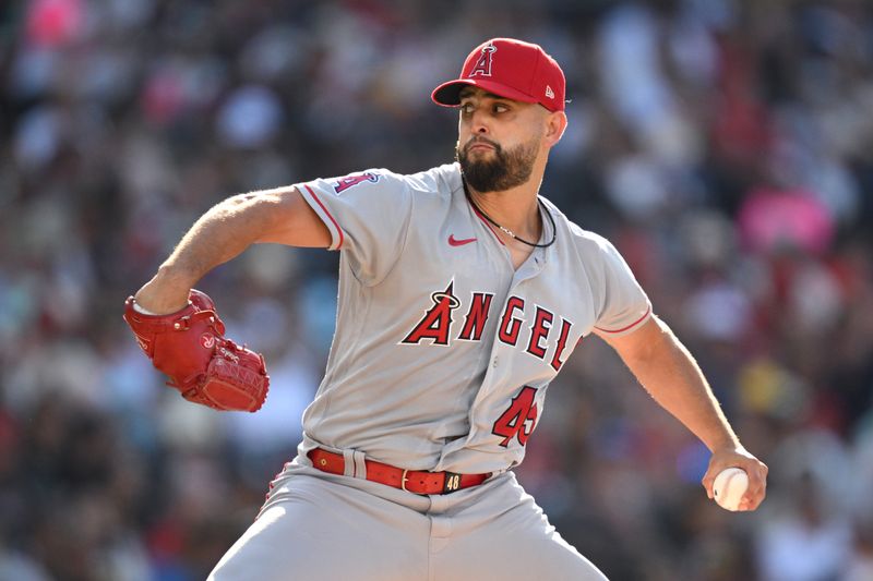 Jul 5, 2023; San Diego, California, USA; Los Angeles Angels starting pitcher Patrick Sandoval (43) throws a pitch against the San Diego Padres during the first inning at Petco Park. Mandatory Credit: Orlando Ramirez-USA TODAY Sports