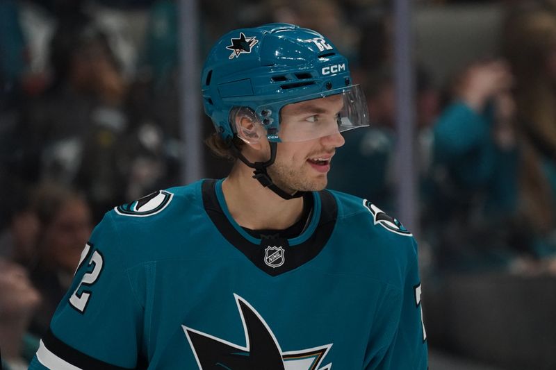 Nov 23, 2025; San Jose, California, USA;  San Jose Sharks left wing William Eklund (72) waits for play to resume against the Boston Bruins in the first period at SAP Center in San Jose. Mandatory Credit: David Gonzales-Imagn Images