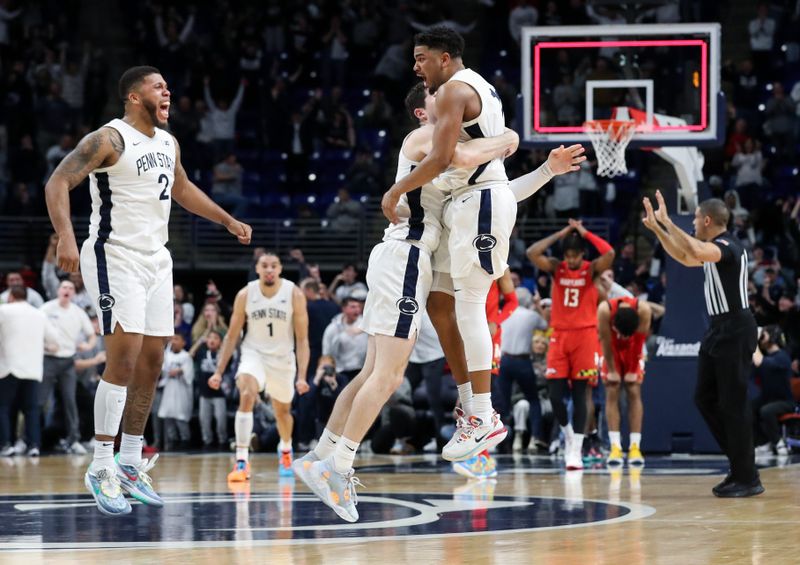 Mar 5, 2023; University Park, Pennsylvania, USA; Penn State Nittany Lions guard Camren Wynter (11) celebrates with teammates after a basket late in the second half against the Maryland Terrapins at Bryce Jordan Center. Mandatory Credit: Matthew OHaren-USA TODAY Sports