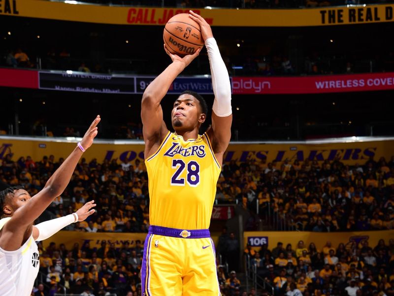 LOS ANGELES, CA - FEBRUARY 10:  Rui Hachimura #28 of the Los Angeles Lakers shoots the ball during the game against the Utah Jazz on February 10, 2025 at Crypto.Com Arena in Los Angeles, California. NOTE TO USER: User expressly acknowledges and agrees that, by downloading and/or using this Photograph, user is consenting to the terms and conditions of the Getty Images License Agreement. Mandatory Copyright Notice: Copyright 2025 NBAE (Photo by Adam Pantozzi/NBAE via Getty Images)