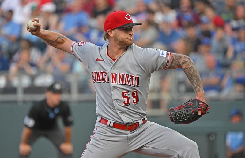 Jun 14, 2023; Kansas City, Missouri, USA;  Cincinnati Reds starting pitcher Ben Lively (59) delivers a pitch in the first inning against the Kansas City Royals at Kauffman Stadium. Mandatory Credit: Peter Aiken-USA TODAY Sports