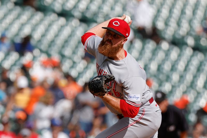 Sep 14, 2023; Detroit, Michigan, USA; Cincinnati Reds relief pitcher Buck Farmer (46) pitches in the eighth inning against the Detroit Tigers at Comerica Park. Mandatory Credit: Rick Osentoski-USA TODAY Sports