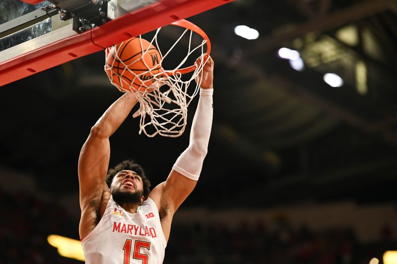 Feb 16, 2023; College Park, Maryland, USA; Maryland Terrapins forward Patrick Emilien (15) dunks during the second half against the Purdue Boilermakers at Xfinity Center. Maryland Terrapins defeated Purdue Boilermakers 68-54. Mandatory Credit: Tommy Gilligan-USA TODAY Sports