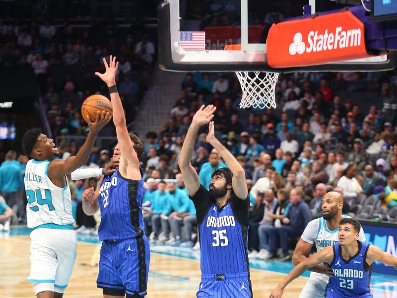 CHARLOTTE, NC - NOVEMBER 25: Brandon Miller #24 of the Charlotte Hornets shoots the ball during the game against the Orlando Magic  during a regular season game on November 25, 2024 at Spectrum Center in Charlotte, North Carolina. NOTE TO USER: User expressly acknowledges and agrees that, by downloading and or using this photograph, User is consenting to the terms and conditions of the Getty Images License Agreement. Mandatory Copyright Notice: Copyright 2024 NBAE (Photo by Kent Smith/NBAE via Getty Images)