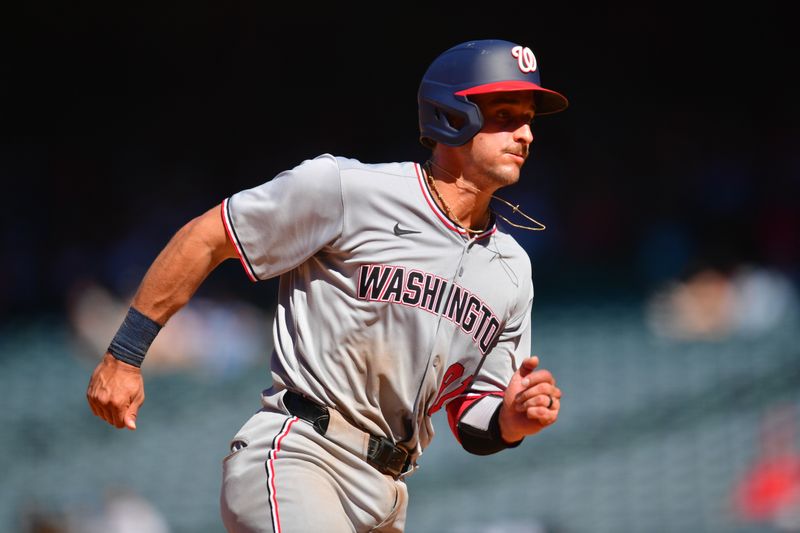 Jun 29, 2025; Anaheim, California, USA; Washington Nationals catcher Drew Millas (81) runs home to score against the Los Angeles Angels during the eleventh inning  at Angel Stadium. Mandatory Credit: Gary A. Vasquez-Imagn Images