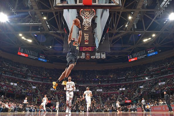 CLEVELAND, OH - NOVEMBER 25: Isaac Okoro #35 of the Cleveland Cavaliers dunks the ball during the game against the Los Angeles Lakers on November 25, 2023 at Rocket Mortgage FieldHouse in Cleveland, Ohio. NOTE TO USER: User expressly acknowledges and agrees that, by downloading and/or using this Photograph, user is consenting to the terms and conditions of the Getty Images License Agreement. Mandatory Copyright Notice: Copyright 2023 NBAE (Photo by David Liam Kyle/NBAE via Getty Images)