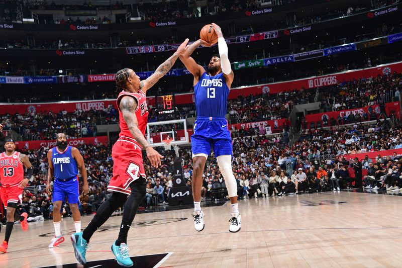 LOS ANGELES, CA - MARCH 9: Paul George #13 of the LA Clippers shoots the ball during the game against the Chicago Bulls on March 9, 2024 at Crypto.Com Arena in Los Angeles, California. NOTE TO USER: User expressly acknowledges and agrees that, by downloading and/or using this Photograph, user is consenting to the terms and conditions of the Getty Images License Agreement. Mandatory Copyright Notice: Copyright 2024 NBAE (Photo by Adam Pantozzi/NBAE via Getty Images)