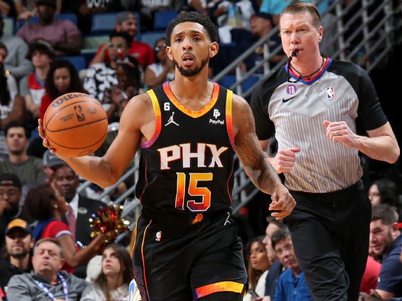 NEW ORLEANS, LA - DECEMBER 9: Cameron Payne #15 of the Phoenix Suns dribbles the ball during the game against the New Orleans Pelicans on December 9, 2022 at the Smoothie King Center in New Orleans, Louisiana. NOTE TO USER: User expressly acknowledges and agrees that, by downloading and or using this Photograph, user is consenting to the terms and conditions of the Getty Images License Agreement. Mandatory Copyright Notice: Copyright 2022 NBAE (Photo by Layne Murdoch Jr./NBAE via Getty Images)