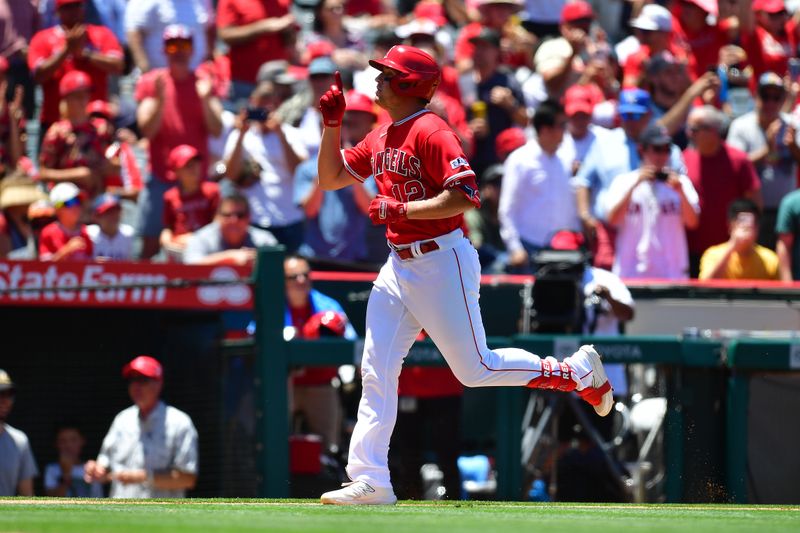 Jun 29, 2023; Anaheim, California, USA; Los Angeles Angels right fielder Hunter Renfroe (12) reacts after hitting a two run home run against the Chicago White Sox during the second inning at Angel Stadium. Mandatory Credit: Gary A. Vasquez-USA TODAY Sports