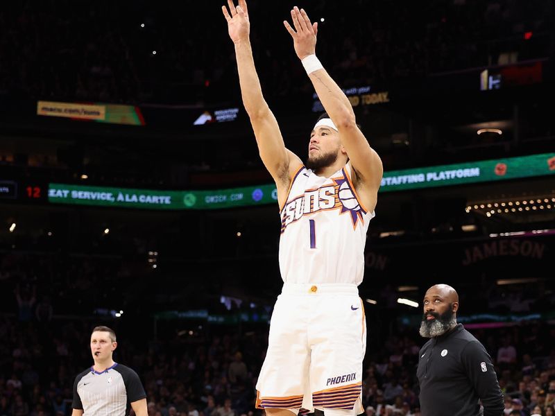 PHOENIX, ARIZONA - DECEMBER 13: Devin Booker #1 of the Phoenix Suns puts up a three-point shot against the Brooklyn Nets during the first half of the NBA game at Footprint Center on December 13, 2023 in Phoenix, Arizona. NOTE TO USER: User expressly acknowledges and agrees that, by downloading and or using this photograph, User is consenting to the terms and conditions of the Getty Images License Agreement.  (Photo by Christian Petersen/Getty Images)