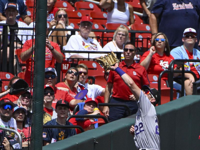 Aug 6, 2023; St. Louis, Missouri, USA;  Colorado Rockies left fielder Nolan Jones (22) catches a foul ball against the St. Louis Cardinals during the first inning at Busch Stadium. Mandatory Credit: Jeff Curry-USA TODAY Sports