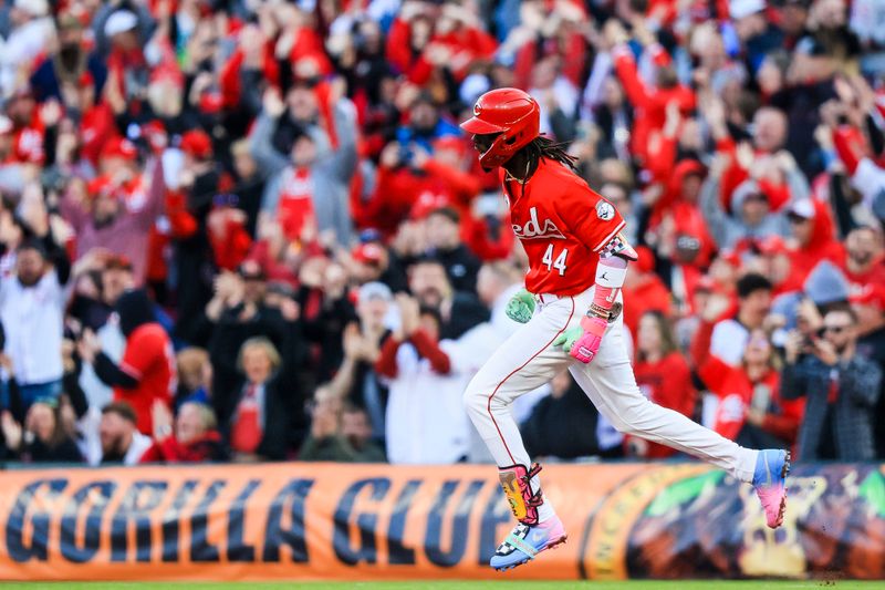 Apr 12, 2025; Cincinnati, Ohio, USA; Cincinnati Reds shortstop Elly De La Cruz (44) reacts after hitting a grand slam in the third inning against the Pittsburgh Pirates at Great American Ball Park. Mandatory Credit: Katie Stratman-Imagn Images