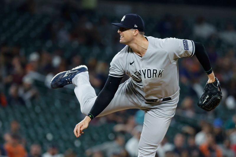 Aug 29, 2023; Detroit, Michigan, USA;  New York Yankees relief pitcher Clay Holmes (35) pitches in the ninth inning against the Detroit Tigers at Comerica Park. Mandatory Credit: Rick Osentoski-USA TODAY Sports