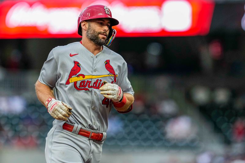 Sep 6, 2023; Cumberland, Georgia, USA; St. Louis Cardinals first baseman Paul Goldschmidt (46) runs after hitting a two run home run against the Atlanta Braves during the first inning at Truist Park. Mandatory Credit: Dale Zanine-USA TODAY Sports