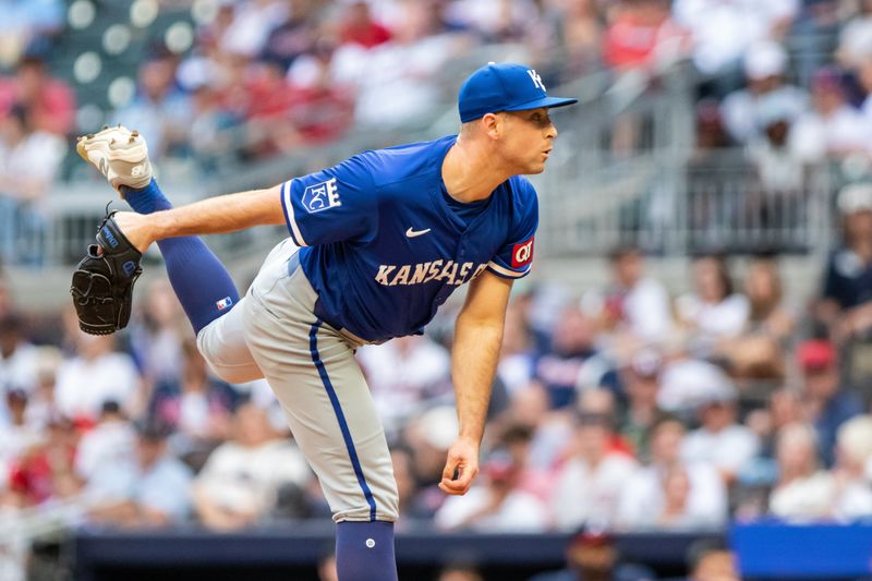 Sep 29, 2024; Cumberland, Georgia, USA; Kansas City Royals pitcher Kris Bubic (50) pitches the ball against the Atlanta Braves during  the ninth inning at Truist Park. Mandatory Credit: Jordan Godfree-Imagn Images