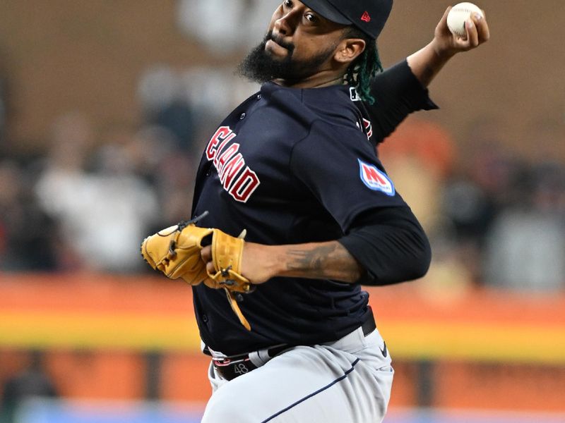 Sep 29, 2023; Detroit, Michigan, USA; Cleveland Guardians relief pitcher Emmanuel Clase (48) throws a pitch against the Detroit Tigers in the ninth inning at Comerica Park. Mandatory Credit: Lon Horwedel-USA TODAY Sports