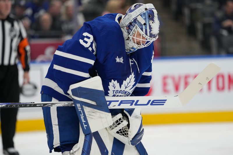 Apr 24, 2024; Toronto, Ontario, CAN; Toronto Maple Leafs goaltender Ilya Samsonov (35) during a break in the action against the Boston Bruins during the second period of game three of the first round of the 2024 Stanley Cup Playoffs at Scotiabank Arena. Mandatory Credit: John E. Sokolowski-USA TODAY Sports