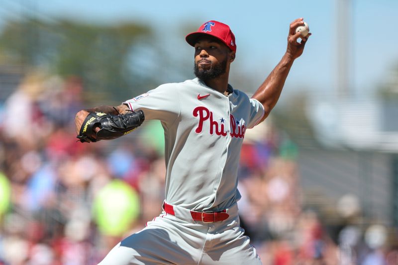 Mar 7, 2025; Bradenton, Florida, USA; Philadelphia Phillies pitcher Cristopher Sanchez (61) throws a pitch against the Pittsburgh Pirates in the first inning during spring training at LECOM Park. Mandatory Credit: Nathan Ray Seebeck-Imagn Images