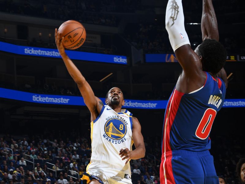 SAN FRANCISCO, CA - OCTOBER 13: De'Anthony Melton #8 of the Golden State Warriors drives to the basket during the game against the Detroit Pistons during a NBA Preseason game on October 13, 2024 at Chase Center in San Francisco, California. NOTE TO USER: User expressly acknowledges and agrees that, by downloading and or using this photograph, user is consenting to the terms and conditions of Getty Images License Agreement. Mandatory Copyright Notice: Copyright 2024 NBAE (Photo by Noah Graham/NBAE via Getty Images)