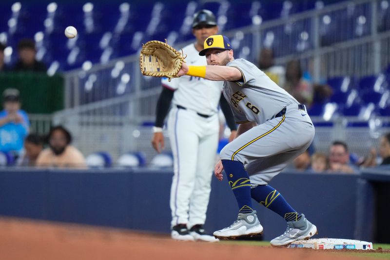 May 22, 2024; Miami, Florida, USA; Milwaukee Brewers first base Owen Miller (6) catches the ball at first base for an out against the Miami Marlins during the third inning at loanDepot Park. Mandatory Credit: Rich Storry-USA TODAY Sports