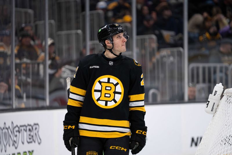 Jan 11, 2026; Boston, Massachusetts, USA; Boston Bruins center Alex Steeves (21) before the start of the second period of the game against the Pittsburgh Penguins at TD Garden. Mandatory Credit: Natalie Reid-Imagn Images