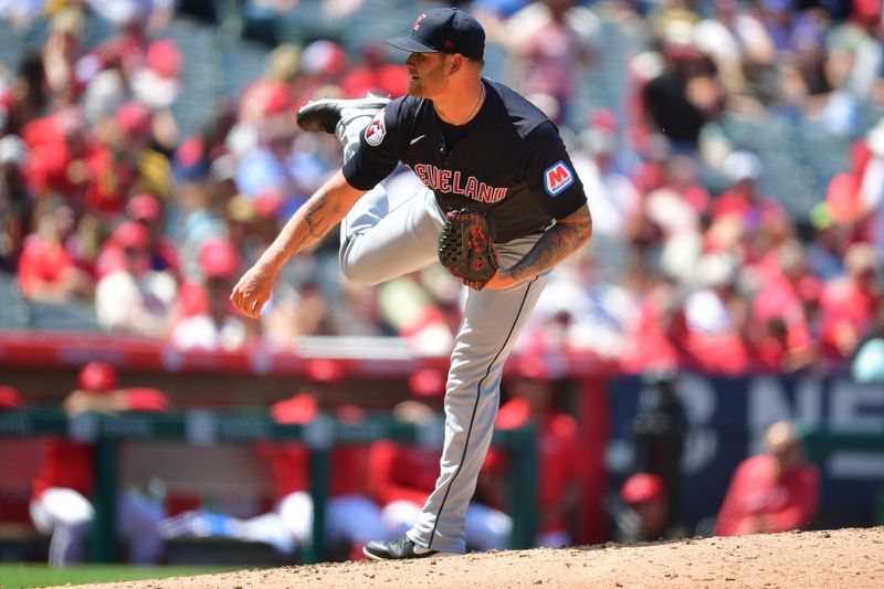 May 26, 2024; Anaheim, California, USA;  Cleveland Guardians pitcher Ben Lively (39) throws against the Los Angeles Angels during the fourth inning at Angel Stadium. Mandatory Credit: Gary A. Vasquez-USA TODAY Sports