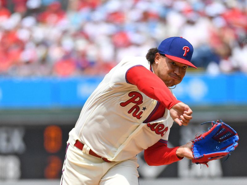 Jun 11, 2023; Philadelphia, Pennsylvania, USA; Philadelphia Phillies starting pitcher Taijuan Walker (99) throws a pitch during the second inning against the Los Angeles Dodgers at Citizens Bank Park. Mandatory Credit: Eric Hartline-USA TODAY Sports