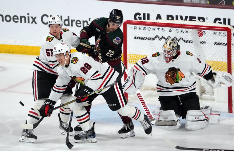 Feb 28, 2023; Tempe, Arizona, USA; Chicago Blackhawks goaltender Alex Stalock (32) looks in a shot against the Arizona Coyotes during the third period at Mullett Arena. Mandatory Credit: Joe Camporeale-USA TODAY Sports